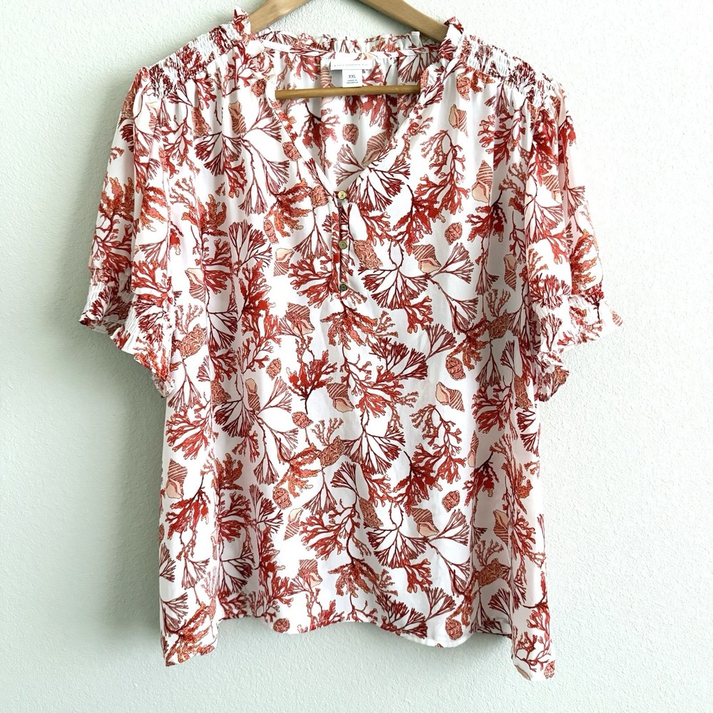 Coral Seashell Print‎ Blouse Women's XXL Coastal Preppy Beach Resortwear Travel